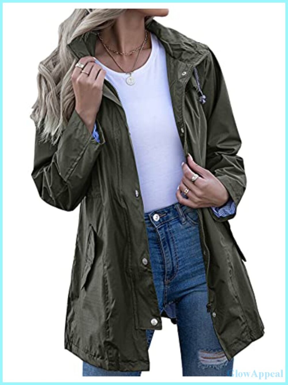 Kikibell Women's Striped Lined Hooded Lightweight Waterproof Rain Jacket